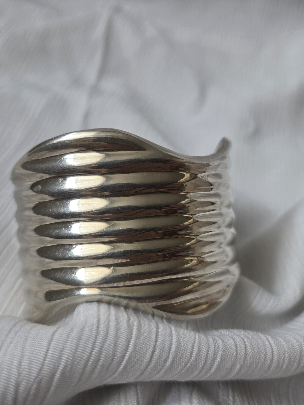 Vintage Sterling Silver Ribbed Beveled Wavy 4cm Wide Cuff Statement Bracelet 64g - Picture 10 of 17